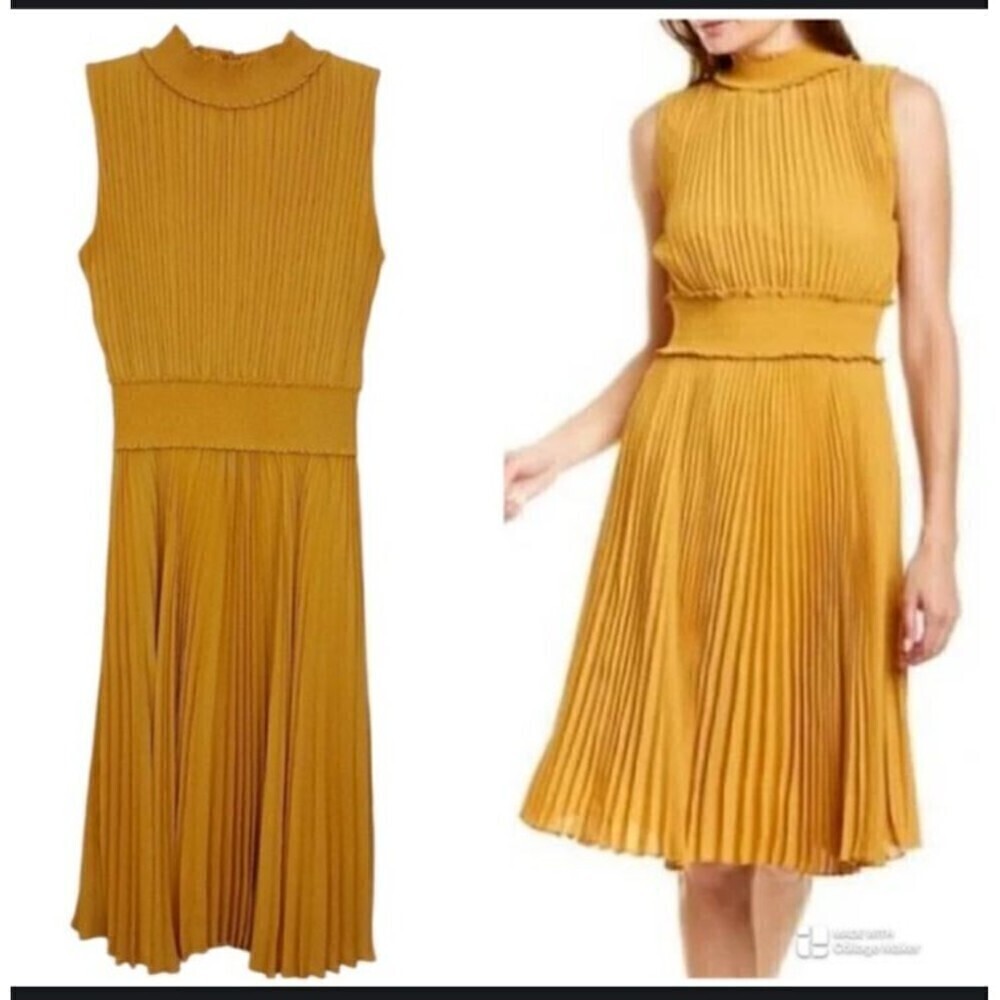 NWT Nanette Lepore Womens High Neck Pleated Smocked A-Line Dress Yellow 2